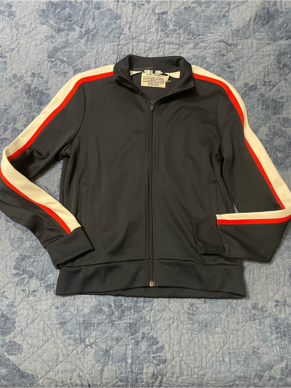 Tory Sport Navy Zip-Front Jacket with Red & White Sleeve Stripes